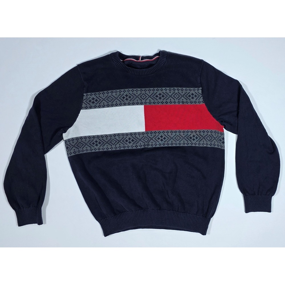 Tommy Hilfiger Mens XL Navy Blue Colorblock Flag Crewneck Cotton Sweater